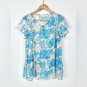 ModCloth‎ Top Sheer Blouse Lace Tropical Floral Palm Print Blue Women's Medium